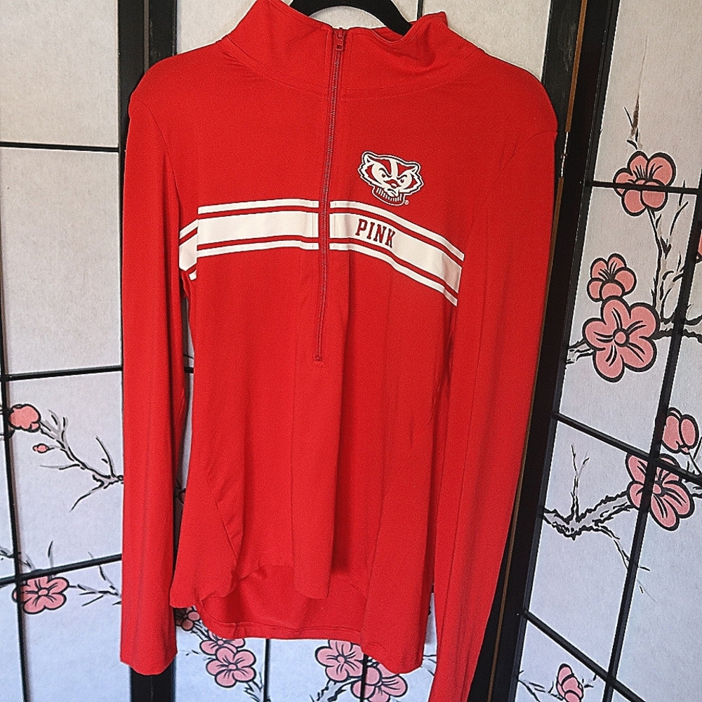 PINK VS Wisconsin Badgers Red Quarter Zip Long Sleeve Size Large